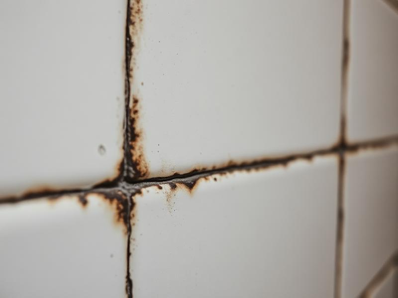 Stained mouldy grout between wall tiles