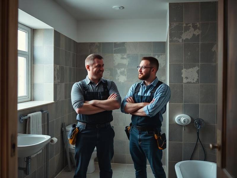 Two tradesmen in an unfinished bathroom